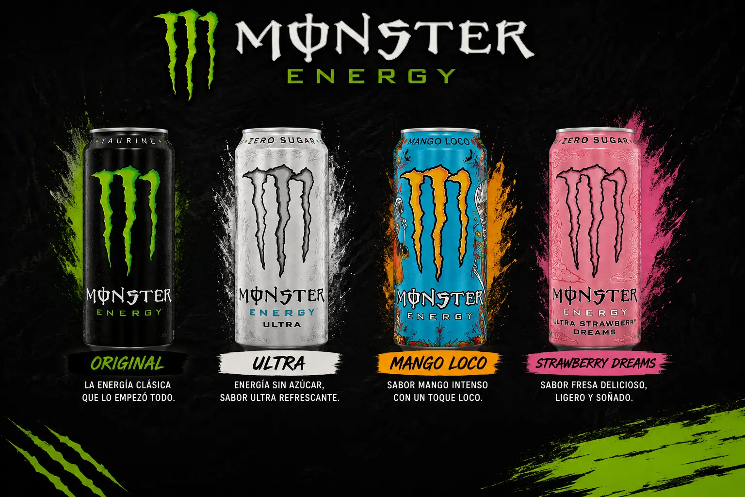 Monster Energy: Original, Ultra, Mango Loco y Strawberry Dreams